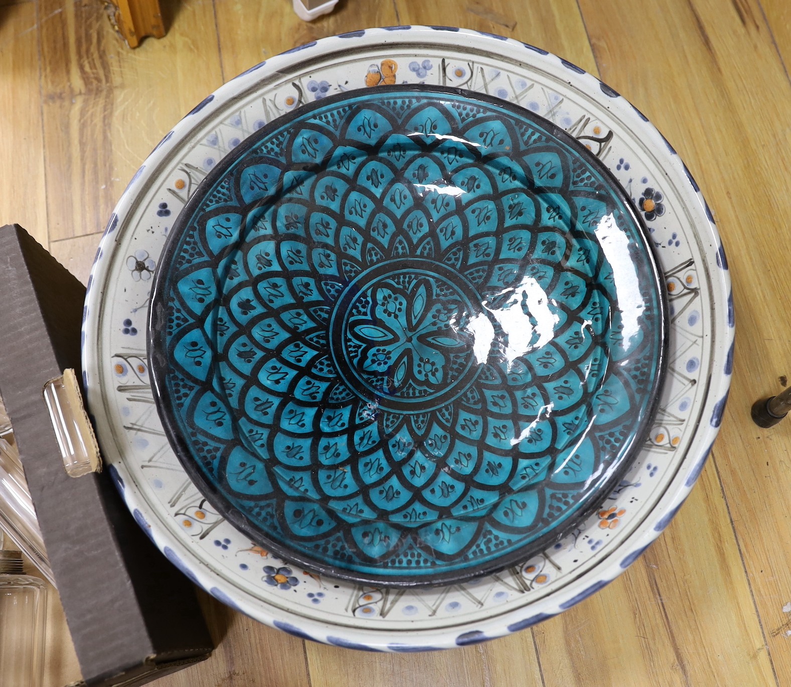 A quantity of mixed pottery, ceramics and glass toilet jars and a plated meat dome